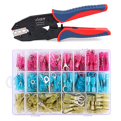 Wire Crimper for Heat Shrink Wire Connctors,Zhushan 20-10 AWG Heat Shrink Crimping Tool with 250pcs Electrical Wire Connectors,Ring Fork Buut Splice - style: Heat Shrink Crimping Tool(250pcs)
