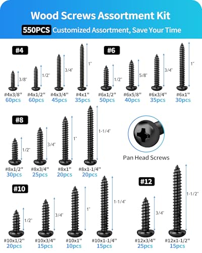 550Pcs 304 Stainless Steel Black Wood Screws Assortment Kit, Phillips Pan Head Sheet Metal Screw Self Tapping Screws Set, #4#6#8#10#12 Wood Assorted Screws (Black-Pan Head 550PCS) - style: Black-Pan Head 550PCS