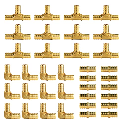 WiseWater 36 Pcs Pex Fittings, 1/2 inch T PEX Tee(12PCS) & 90 Degree Elbow & Straight Coupling, Brass Barb Crimp Pipe Fitting for Pex Pipe(Pack of 36), UPC Certified - size: ZH61902(1/2" PEX FITTINGS 36pk)