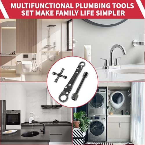 Plumbing Tools Angle Stop Wrench Kit - 3-Piece Plumber Tool Set with Compression Sleeve Puller & 4-Way Sillcock Key - Fits 3/8" & 1/2" MPT Ferrule Removal Tool for Tight Spaces Under Sink-Black - color: Black