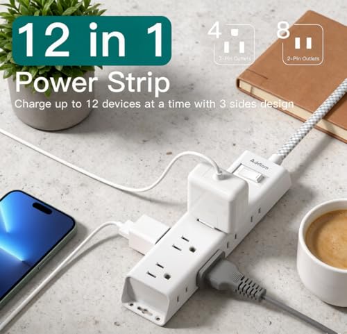 White Braided Power Strip Surge Protector with 12 Outlets - color: White&Gray, size: 5 Ft