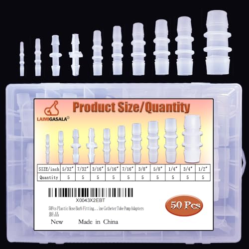 50Pcs Plastic Hose Barb Fittings Assortment, 10 Sizes of Equal Barbed Hose Pipe Fitting Connector Adapter Union Splicer Joint for Air Gas Water Liquid Fuel Line Catheter Tube Pump Adapters