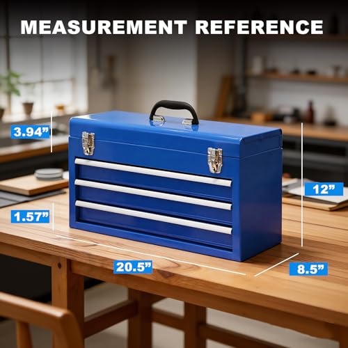3 Drawer 20“ Metal Tool Box Portable Steel Tool Chest with Metal Latch Closure for Garage, Home and Workbench, Blue - size: 20Inch-BLUE