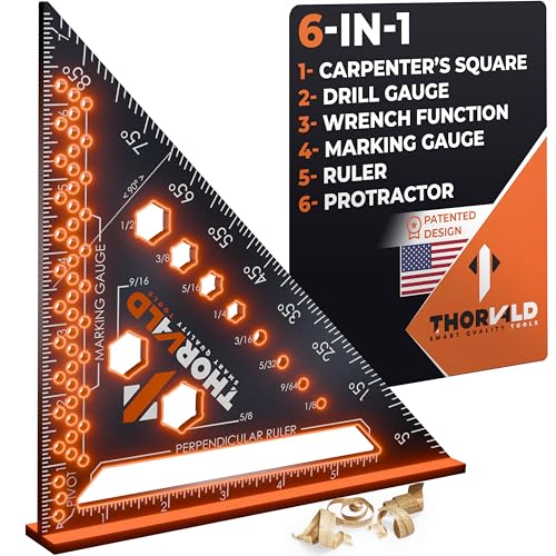 THORVALD 6-in-1 Carpenter Square 7 inch (1/16" Precision) - T Square Multi-Purpose Carpenter Tools : Wrench, Square, Protractor, Ruler, Marking Gauge, Drill Gauge - color: 1 Square