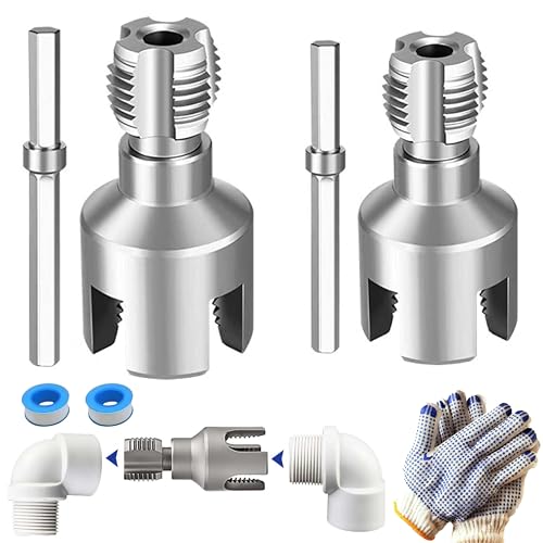 2-in-1 PVC Pipe Threader Kit with 1/2" & 3/4" Dies - Complete Dual Function Internal & External Threading Set Includes PTFE Tape & Gloves, Drill Compatible for DIY Plumbing & Home Repairs