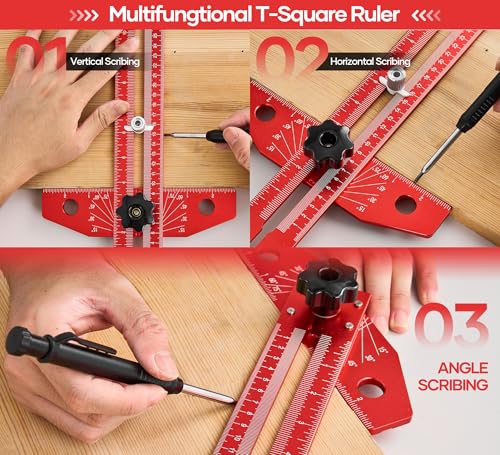 Saker Woodworking Scriber Marking Line Ruler,Aluminum Alloy T-Square - color: Red