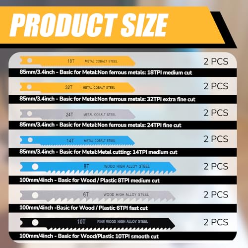 14 PCS U-Shank Jig Saw Blade Set, Jigsaw Blades for Wood Plastic Metal Cutting Fit Vast Majority U Shank Jigsaws Jigsaw Blades Set Includes 6T 8T 10T 14T 18T 24T 32T