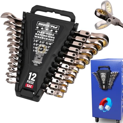 SEDY Premium 12-Piece SAE Flex-Head Ratchet Wrenches Set 1/4"-7/8" with Magnetic Organizer, Cr-V Steel Ratcheting Wrench Set with 72 Teeth 180° Flex Head, Ratchet Combination Wrench Set for Repair - style: 12-Piece Flex-Head (SAE)
