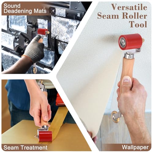 Sumnacon 40mm Silicone Seam Roller with 6mm Brass Detail Penny Roller, Welding Handheld Roller Tool with Wooden Handle, Automobile Sound Deadening Roller for Wallpaper Banner PVC/TPO/EPDM Application - size: 40mm+6mm