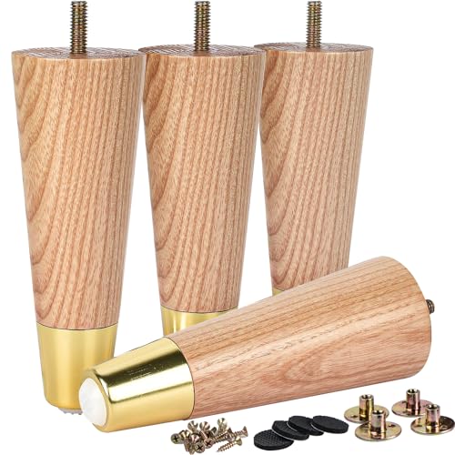 La Vane 8 inch Ash Wood Furniture Legs with Gold Caps, Set of 4 Mid-Century Modern Tapered Varished Wooden Replacement Feet with 5/16 Inch Bolt & Mounting Plate for Sofa Couch Bed Armchair Ottoman | Clear Coated, 400lb Load Capacity, Non-slip & Protects F