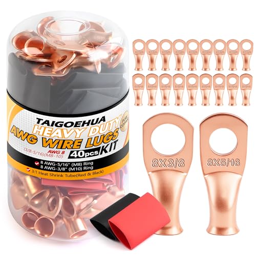 40PCS (8 AWG-3/8(M10) 5/16(M8)) Battery Cable Copper Wire Lugs Ends,Battery Terminal Connectors with pcs 3:1 Heat Shrink Tubing (Red & Black) kit - color: AWG-8