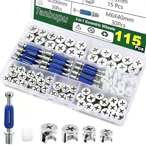 115PCS Cam Locks for Furniture,3-in-1 Eccentric Hardware Wheels, Cam Lock Nuts and Cam Screws, Furniture Cam Lock Fasteners for Drawer Dresser Cabinet - size: 115pcs-sliver