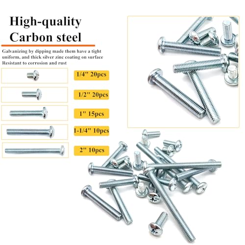 75 Pcs 5 Sizes #10-32 Machine Screws Knob Screws Cabinet Screw Electricians Bolts, Carbon Steel Zinc-Plated Phillips Pan Head Machine Screw Assortment Kit - size: #10-32-5Size-75P