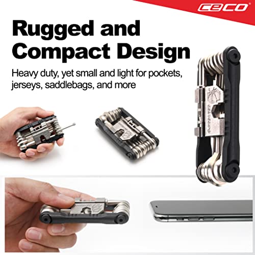 CECO USA 20 Function Bike Tool with Chain Breaker, Bicycle Multi Tool, Heavy Duty, Compact Pocket Sized, Lightweight, High Strength CR-V 6150 Tool Steel, Easy To Carry, Case Pouch Included