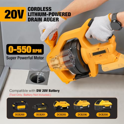 Cordless Electric Drain Auger Compatible with Dewalt 20V Battery(Tool Only) - color: Yellow