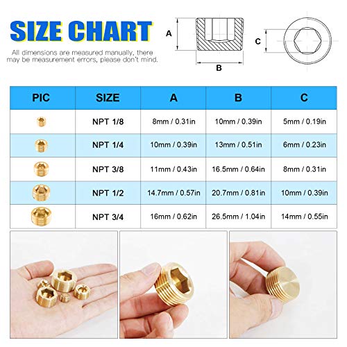 Glarks 10Pcs Brass 1/8'' NPT Male Pipe Plug Fitting Set Internal Hex Thread Socket Pipe Plug Kit - size: 1/8''NPT