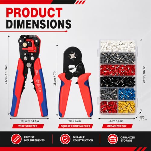 Ferrule Crimping Tool Kit, Square Crimping Plier + Automatic Wire Stripper, 2000PCS Ferrule Terminal Connectors 8 Sizes, for 0.5‑10mm² Electrical Wire, Professional Crimper Set for DIY and Electrician