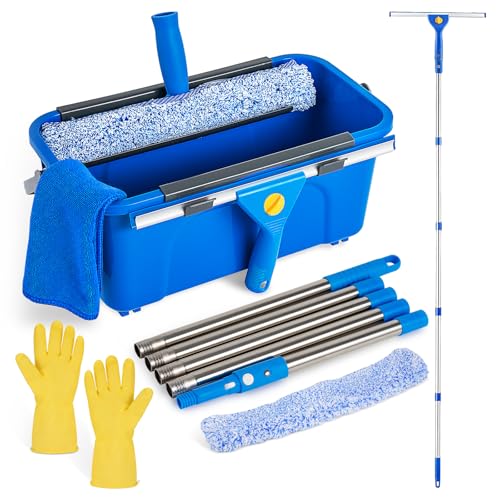 Professional Window Cleaning Kit, Window Washing Kit with 3 Gallon Bucket, 14-Inch Squeegee, 15-Inch Scrubber, 76-Inch Extendable Pole, Set of Window Cleaning Equipment for Home & Commercial Use - size: 76 inch