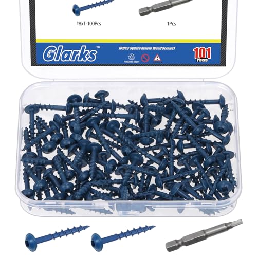 Glarks 100pcs #8 x 1’’ Pocket Hole Screws with Square Drill Bit Kit, Blue Coated Square Drive Wood Screws, Washer Head Coarse Thread Screw for Woodworking, Furniture - size: 100pcs 8x1
