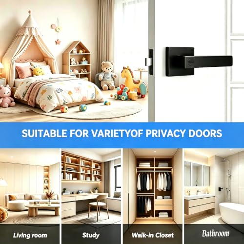 Privacy Door Lever, 10 Pack Matte Black Door Handle, Keyless Interior Door Knob with Lock for Bedroom Bathroom, Heavy Duty Square Door Lock, Reversible for Left Right Handled Doors