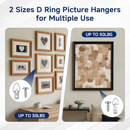 (2 Sizes, 140 PCS) D-Ring Picture Hangers Kit, 40 Single Hole & 20 Double Hole Hangers with 80 Screws, 50 lb Load Heavy Duty Picture Hanging Hardware for Picture Frame Mirrors Canvas (Silver) - size: Silver