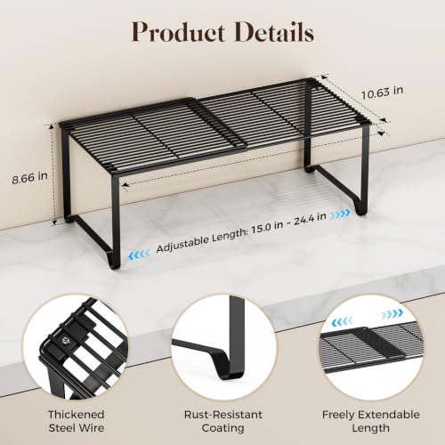 Extendable Metal Wire Shelf Organizer - Adjustable 15-24.4in Length, Stackable Storage Rack for Kitchen/Pantry/Bathroom/Shoe Cabinet/Tool Closet (1,Black) - color: Black, size: 1 Pack