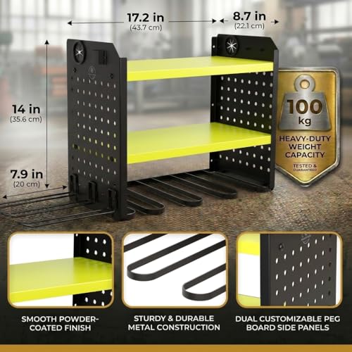 BUILTSTRONG Power Tool Organizer Wall Mount – 3-Tier Heavy-Duty Steel Rack, 6 Drill Slots, Dual Pegboard Sides, Side-by-Side Modular, 100 lb Capacity – Garage & Workshop (Green) - color: Green, size: 6 Drill Holder