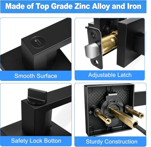Privacy Door Lever, 10 Pack Matte Black Door Handle, Keyless Interior Door Knob with Lock for Bedroom Bathroom, Heavy Duty Square Door Lock, Reversible for Left Right Handled Doors