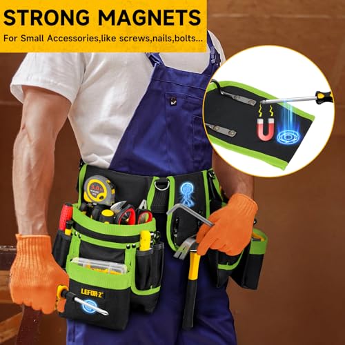 Tool Belt with 4 D-Rings,27-Pockets Tool Belts for Men,Construction - color: Green & Black, size: 27 Pockets with Magnet Pouch