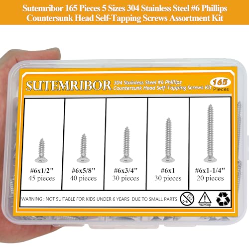 165 Pieces #6 x 1/2" 5/8" 3/4" 1" 1-1/4" Wood Screws Set, Phillips Countersunk Head #6 Self-Tapping Screws Assortment Kit, 304 Stainless Steel - size: #6, style: Phillips Countersunk Head