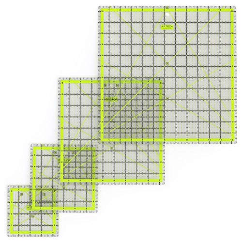 ARTEZA Quilting Rulers Set of 4, Acrylic Square Quilting Rulers for Sewing and Fabric Cutting, 4.5 x 4.5, 6 x 6, 9.5 x 9.5, 12.5 x 12.5 Inch, Dual-Color Grid, 30/45/60 Degree, 48 Non-Slip Rings - size: 4.5 x 4.5, 6 x 6, 9.5 x 9.5, 12.5 x 12.5 in