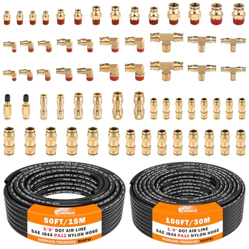 CheeMuii 64 Pcs Brass DOT Air Line Fittings with 1/4" & 3/8" DOT Air Hoses - size: 2ROLL-67PCS