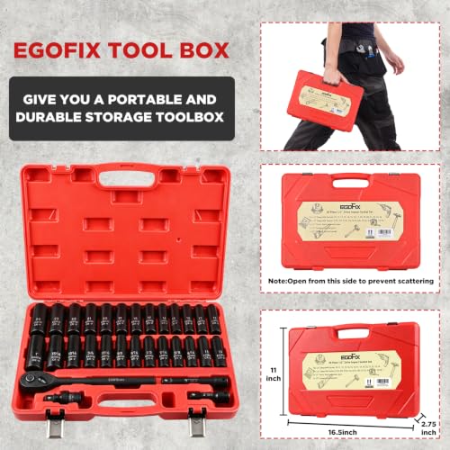 1/2" Impact Socket Set 30 Piece, SAE (5/16 to 1inch) and Metric (10-24mm) 6 Point, with Ratchet Wrench, Extension Bars, Impact Universal Joint, Storage Box, for Auto Repairing and Household - color: 1/2-30pcs