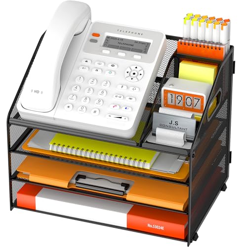 DocNest 4 Tier Metal Mesh Desk File Organizer with Phone Shelf, Black - color: Black, size: 12.6" x 9.1" x 10.3"