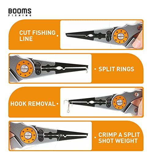 Booms Fishing X1 Aluminum Fishing Pliers Saltwater, Surf Fishing Tackle Kit, Fishing Multitool Hook Remover Braided Fishing Line Cutting and Split Ring with Coiled Lanyard and Sheath - color: Gun Metal