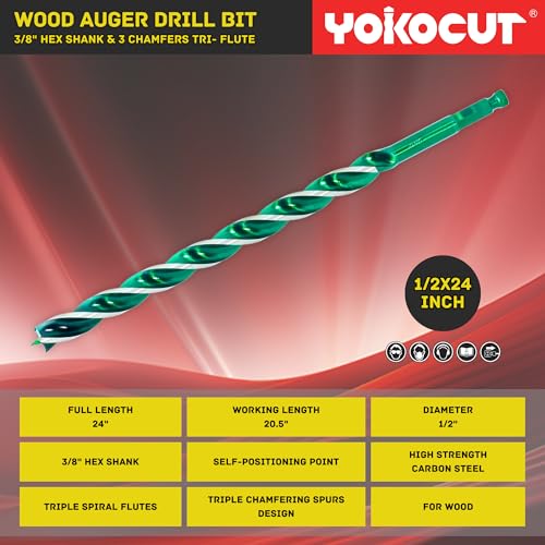 1/2"x 24" Auger Drill Bit for Wood, Hex Shank Tri-Flute Woodworking Drill Bits, Ship Auger Long Drill Bit for Soft and Hard Wood, Plastic, Drywall, Tree Stump and Composite Materials - size: 1/2 Inch, style: Length: 24"