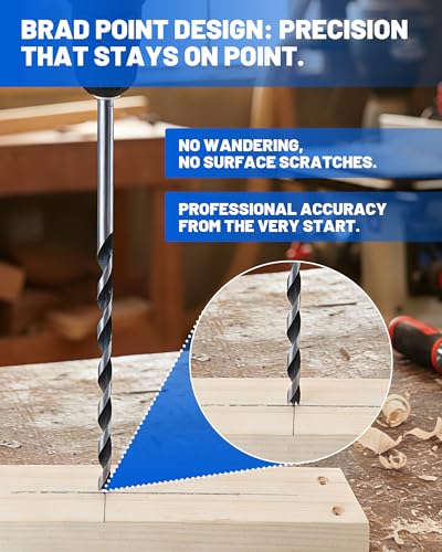 12” Extra Long Drill Bit Set, 10PCS Brad Point Drill Bits for Wood for Precise Woodworking with Laser Marks & Storage Case (1/8", 5/32", 3/16", 1/4", 5/16" 3/8", 7/16", and 1/2")