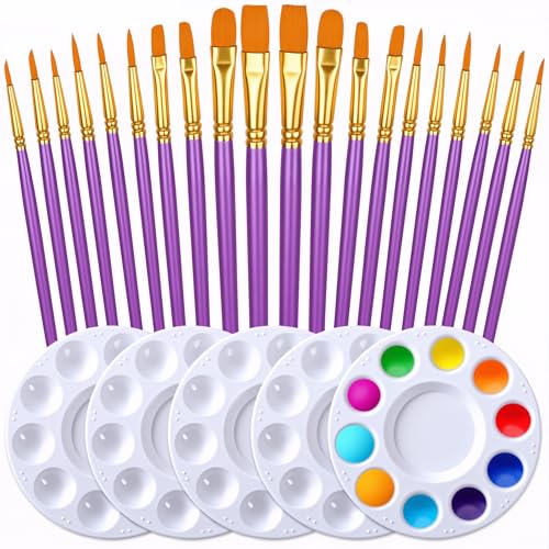 DUGATO Paint Brush & Palette Set, 20 Brushes with 5 Mixing Trays, Purple - color: Purple