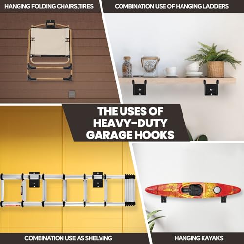 14" Large Heavy Duty Garage Hooks, 4-Pack Steel Garage Storage Hooks with Support Rods, Utility Wall Mount Hangers for Power Tools, Car Tires, Ladders, Chairs, Garden Tools and More - size: 4-Pack 14" Heavy Hooks