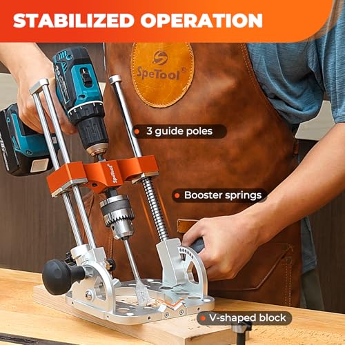 SpeTool Portable Drill Guide with Liner Ball Bearings Guide Poles, Portable Drill Press for Hand Drill Adjustable from 0-60°, 1/2” Chuck Multi Angle Drill Guide for Straight Holes, S04001