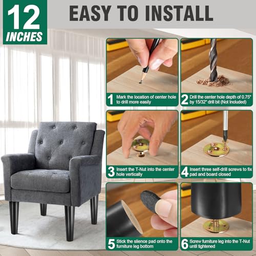 FoDau770 Rubber Wood Legs 12", Straight Taper, 5/16"-18 Thread, Black, 4pcs | Wood Couch legs - Mid Century Sofa Legs - Furniture legs Replacement for Cabinet Dresser Chair Ottoman - color: Black, size: 12 Inch - Straight (90°)