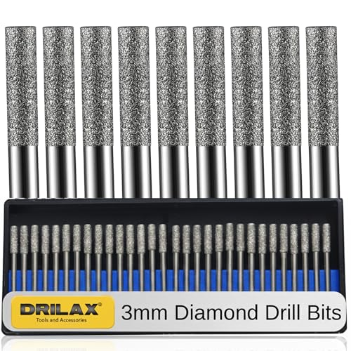 Drilax 3mm Diamond Drill Bits (1/8") 30 pcs Diamond Drill Bits for Stone, Glass, Sea Shells, Gemstones Compatible with Dremel Diamond Tipped Drill Bit Set - size: 3mm