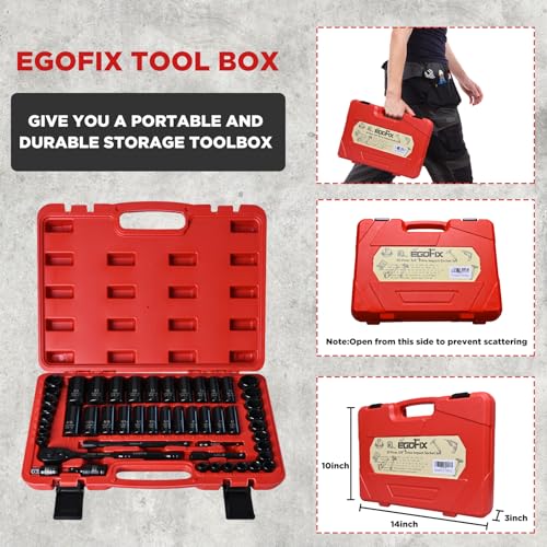 3/8" Drive Impact Socket Set, 50 Piece Standard SAE (5/16 to 3/4 inch) and Metric (8-22mm) 6 Point, with Adjustable Ratchet Handle, Extension Bars, Impact Universal Joint, Adapter, Cr-V Steel - color: 3/8-50pcs
