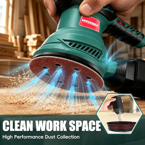 HYCHIKA 5-Inch Random Orbital Sander, 13000RPM Electric Palm Sander with 6 Variable Speeds, Powerful Motor, 12PCS Sandpapers and Efficient Dust Collection Bag, for Woodworking, Finishing and Polishing