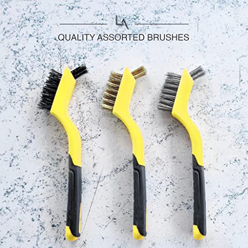 Lavaxon Wire Brush Set 3Pcs - Nylon/Brass/Stainless Steel Bristles with Curved Handle Grip for Rust, Dirt & Paint Scrubbing with Deep Cleaning – 7 Inches (Yellow) - color: Yellow