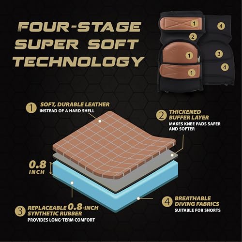 Super Soft Knee Pads for Work, Two Strap Non-Slip Design, Upgraded Replaceable Inner Cushion Leather Knee Pads for Construction, Gardening, Cleaning, Flooring and Garage, Shorts Available - size: Two straps