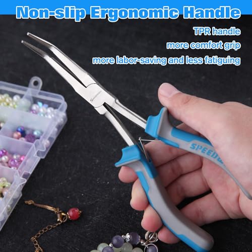 SPEEDWOX Long Reach Bent Needle Nose Pliers with Serrated Jaw Extra Long Nose Precision Wire Looping Pliers Needle Remover Pliers for Hard to Reach Narrow Spaces Jewelry Making Tools Fishing Tools - style: Curved needle nose pliers, serrated jaw