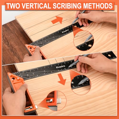 16” Woodworking Square Ruler - Preciva 1/16” Scale Right Angle Ruler Carpenter Square Layout Tool, Retractable Edge Support and Multi-Angle Scribe Mark, Includes Carpentry Pencil - style: 16 IN
