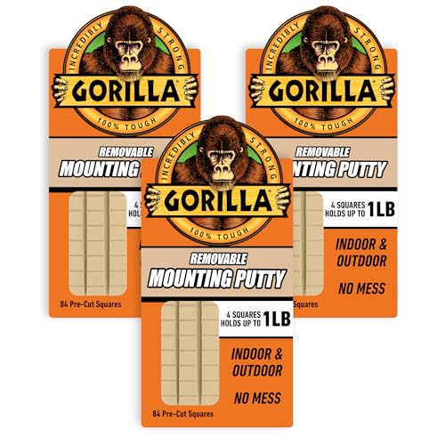 Gorilla Removable Mounting Putty Reusable & Repositionable Adhesive 84 Count Pre-Cut Squares (Pack of 3) Holds 2 lbs Back to School Supplies for Teachers Students Parents, Indoor Outdoor - size: 252 Squares