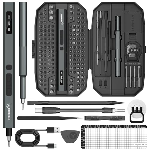 STREBITO Electric Screwdriver, 155 in 1 Precision Electric Screwdriver Set | Upgraded 5 Torque & Indicator, 140 S2 Magnetic Bits, 500mAh Battery, Electronics Tool Kit for RC, Computer, PC, Laptop, Phone - color: Upgraded-black